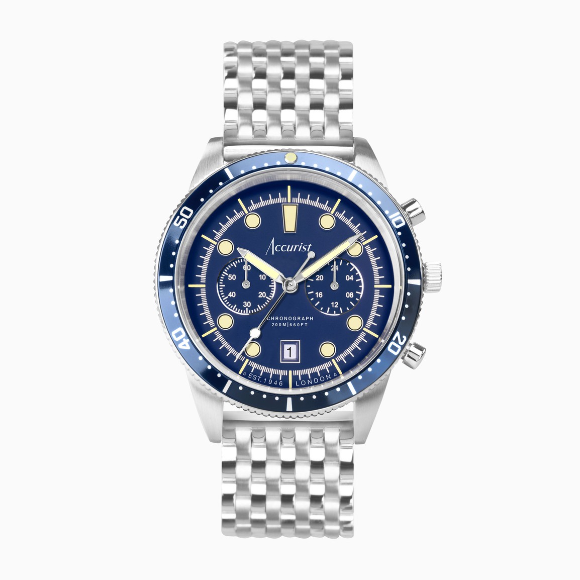 Accurist Dive Men's Chronograph Watch | Silver Case & Stainless Steel Bracelet with Windermere Blue Dial | 42mm